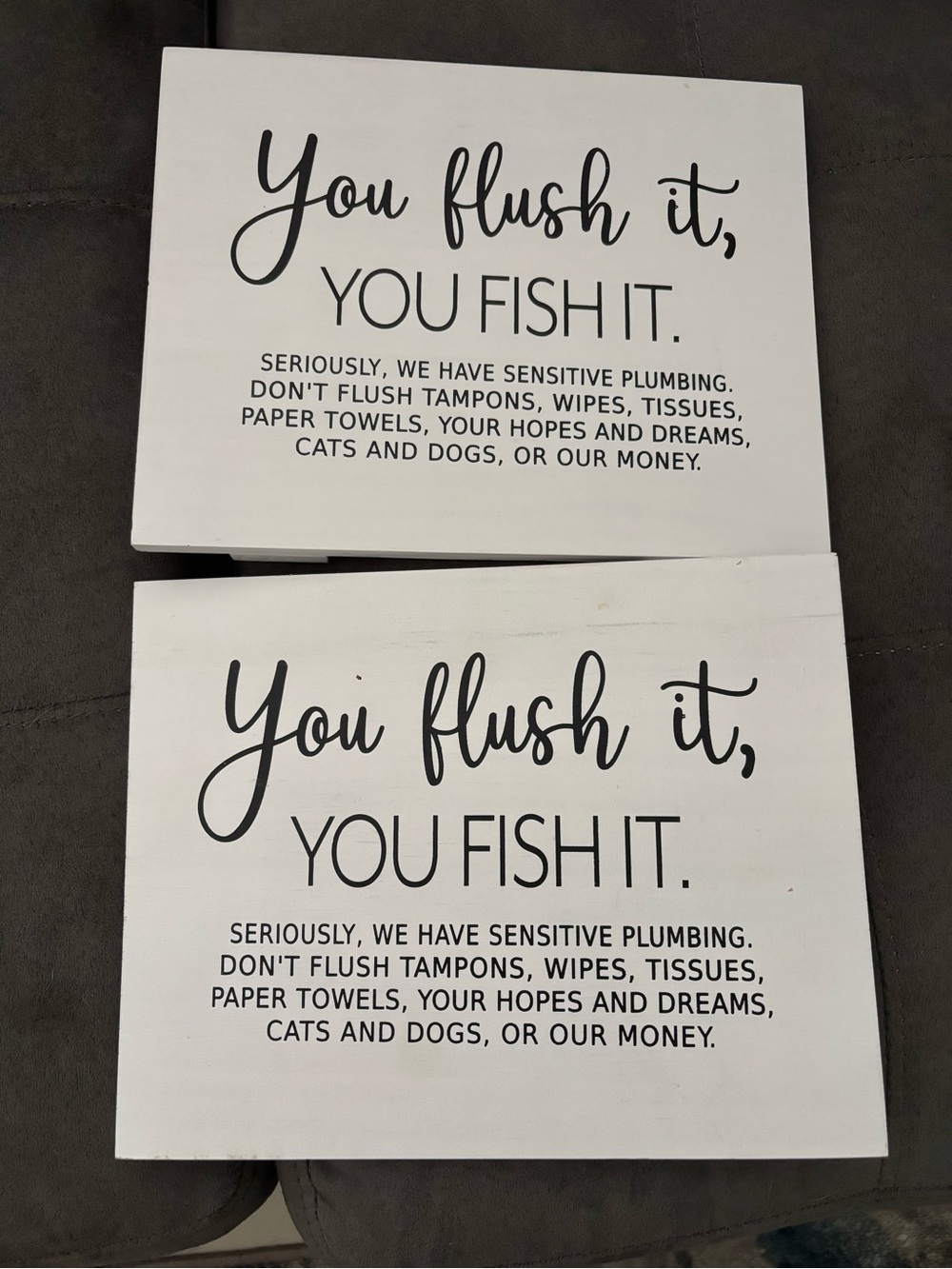 Bath signs regarding flushing toilet. Great for rental units